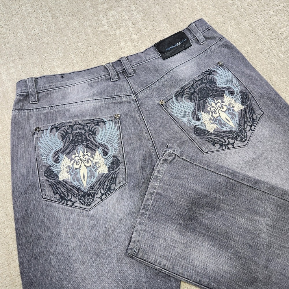 Vintage Y2K Denim Jeans Men 36x32 Embroidered Pockets Baggy Wide Leg Gray